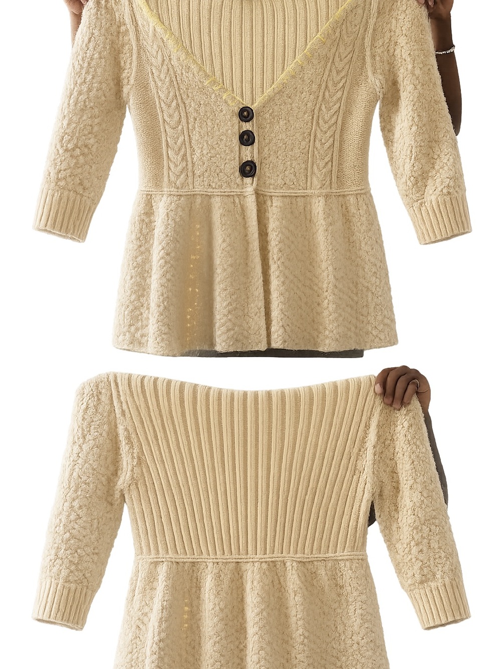 Free People Cream Cable Knit V-Neck Peplum Sweater with Button Front